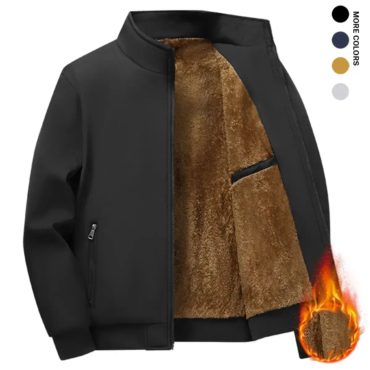 Men's Long Fleece-Lined Thick Plain Winter Coat - Warm Stand-Collar Full-Zip Windproof Outer Shell, Side Pockets, Elastic Cuffs, Elastic Hem, Pull-On Fitted Snug Fit, Ideal for Casual Outings & Outdoor Adventures (XL Available), Knitting