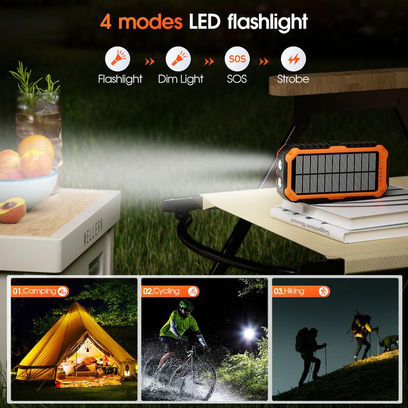 Bodo-Tech 40000mAh Solar Charger Hand Crank Power Bank with 4 Cables Fast PD20W Charging LED Flashlight for iPhone Android Samsung Orange Black