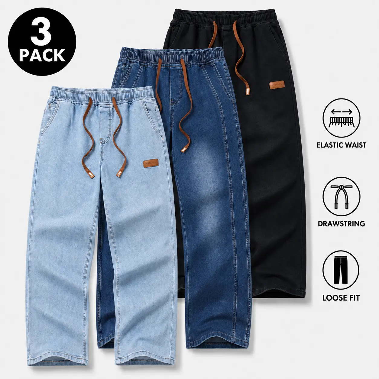 JUNBAOSS Men's Multi-Pack Stretch Denim Jeans, Relaxed Fit Loose Straight Leg Baggy Pants with Elastic Adjustable Drawstring Waist, Classic 5-Pocket Washed Denim Trousers for Streetwear, Travel, Weekend & Daily Casual Wear