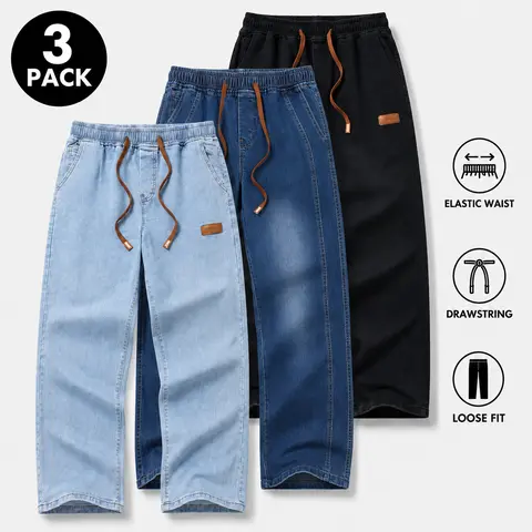 JUNBAOSS Men's Multi-Pack Stretch Denim Jeans, Relaxed Fit Loose Straight Leg Baggy Pants with Elastic Adjustable Drawstring Waist, Classic 5-Pocket Washed Denim Trousers for Streetwear, Travel, Weekend & Daily Casual Wear