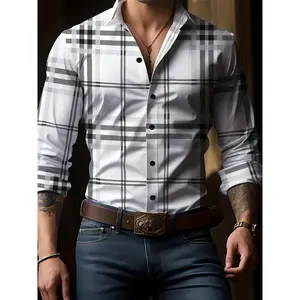 Men's Clothing Men's Checkered Graphic Print Shirt, Casual Lapel Button Up Long Sleeve Shirt For Spring Fall Outdoor Activities Party Gift Top Collar Menswear Polyester Gamis White Blue