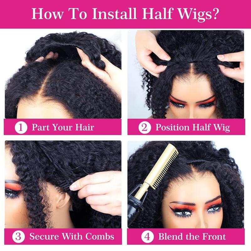 【3 In 1 Half Wig】Kinky Curly Half Wig Human Hair Burmese Curly 3 In 1 Half Wigs for Women V Part Burmese Curly Wig Human Hair Beginner Friendly Kinky Curly Wig Human Hair 180 Density