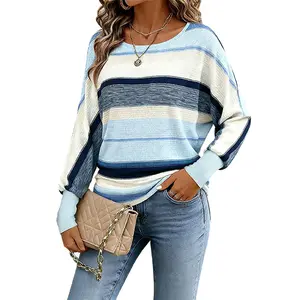 Flamingals Striped Waffle Knit Dolman Sleeve Round Neck T-Shirt Womenswear