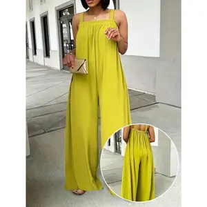 Plus Size Women'S Off-Shoulder Sleeveless Wide-Leg Jumpsuit - Vibrant Yellow Loose Fit Maxi Jumpsuit with Pockets, Machine Washable Spring/Summer Resort Wear for Beach Vacations & Casual Outings,Spaghetti Strap Yellow-Green Womenswear Overalls
