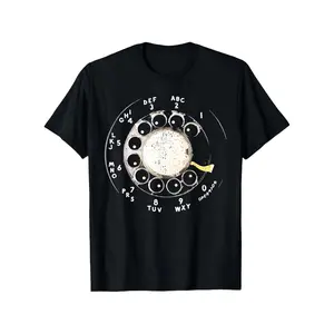 Retro Rotary Telephone Dial Graphic T-Shirt - Vintage 1960s/70s Inspired Design with White Rotary Dial & Numbered Buttons - 100% Cotton Comfort Fit Short Sleeve Round Neck Black Tee for Men & Women - Nostalgic Gift for Casual Outfits