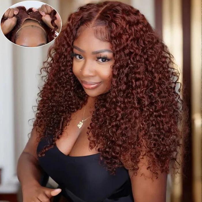 Pizazz Hair #33 Reddish Brown Curly Glueless Wig Pre-plucked 8x5 Pre Cut HD Lace Wig Quick & Easy Install