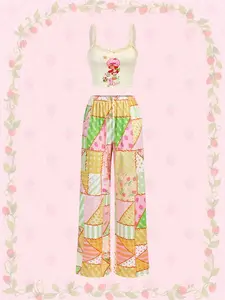 Strawberry Shortcake Women's 2-Piece Matching Comfortable Nightwear Loungewear, Cute Cartoon Print Lace Trim Camisole & Patchwork Print Casual Pyjamas Set