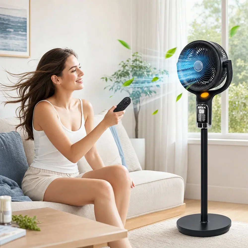 SPZK Bedroom Standing Type Pedestal Fan - Quiet 20dB Circulating Airflow, 15 Adjustable Wind Speed, 5 Modes, 120° Oscillation, Timer, 1050CFM, Adjustable Height, Remote Control (Fan for Bedroom), Adjustable Wind Speed Pedestal Fans