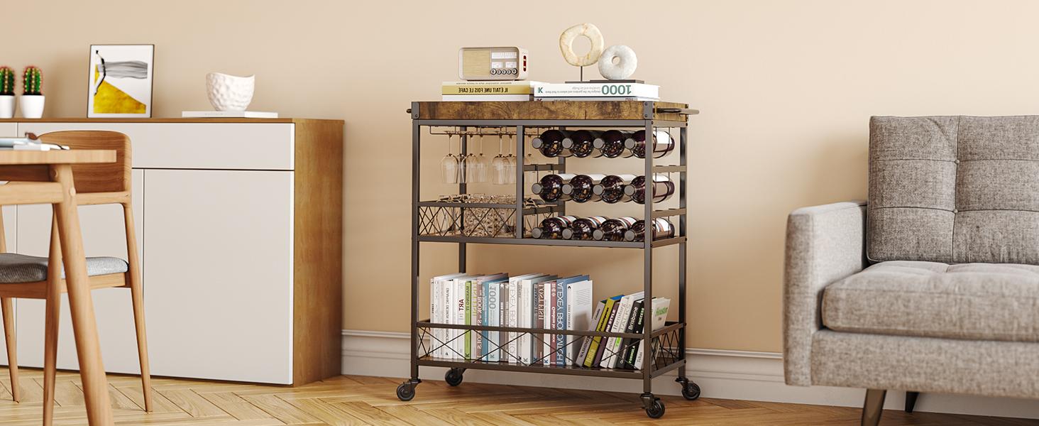 Gizoon Bar Cart, 3 Tier Coffee Cart with Lockable Wheels, 12-Bottle Wine Rack, and Hanging Glass Holder, Kitchen Rack with Removable Tray, for Kitchen, Dining Room, Entertaining, Club Party,Retro