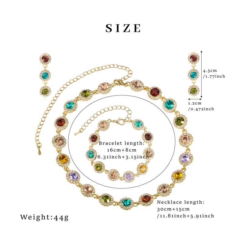 GGIRL Colorful Rhinestone Jewelry Set - Multi Color Bracelet & Shining Earrings - Stackable Choker Necklace - Unisex Daily Wear Gift Party Accessory for Various Festivals Fashion Jewelry Gift for Holiday Haul Christmas Birthdays Anniversaries