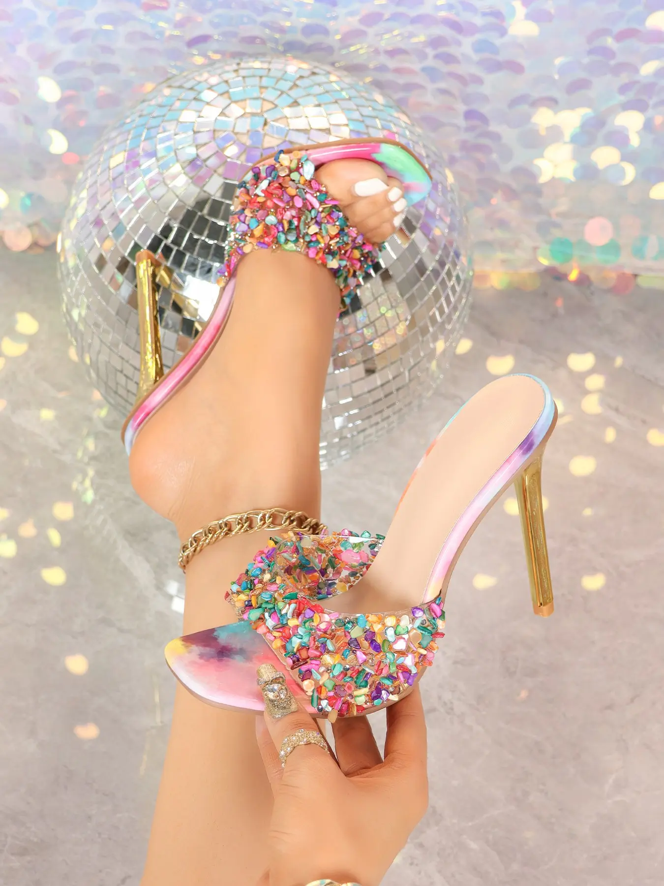 Women's Irregular Tie-Dye Rainbow High Heel Sandals, Sexy Open-Toe Slip-On, Multicolor Rhinestone Dress Shoes, Party Wedding Bridesmaid, Glitter Decorated Sandals, Elegant Party Shoes, Heeled Sandals, Embellished Sandal, Fashionable Heeled Sandals