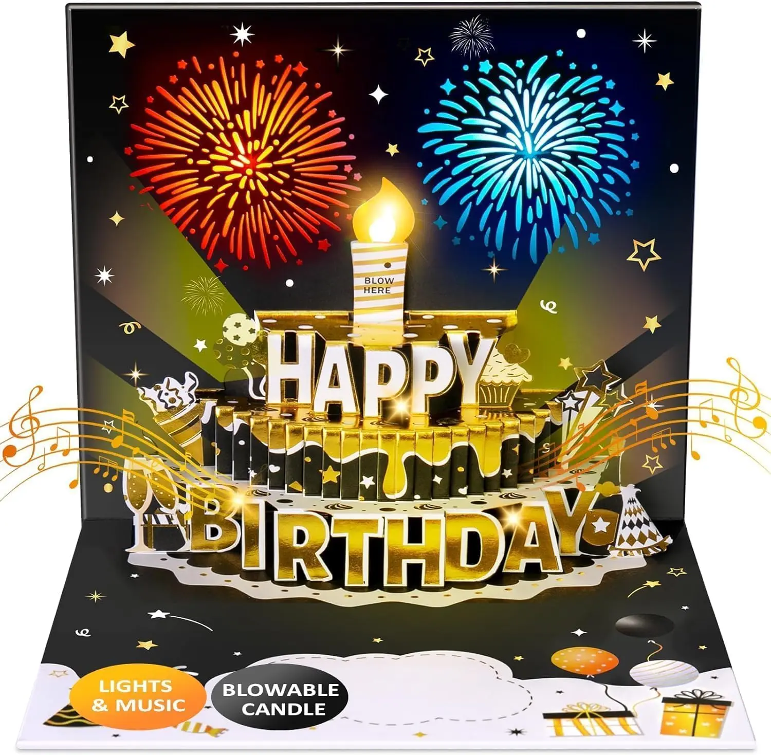INPHER DIY Fireworks Pop-Up Cake Greeting Card with Light and Music, Black and Gold Birthday Gift Card for Men, Women, Interactive Greeting Card,back to school,back to school haul