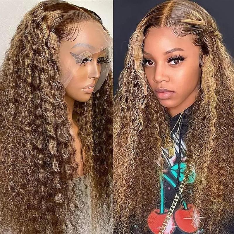 High temperature artificial wig deep curly, Afro kinky curly |Synthetic wig 150% Density 13x4 Lace Front wig High lights 13x4 Curly lace Front wig Honey Blonde Deep Wave T Section Front wig
