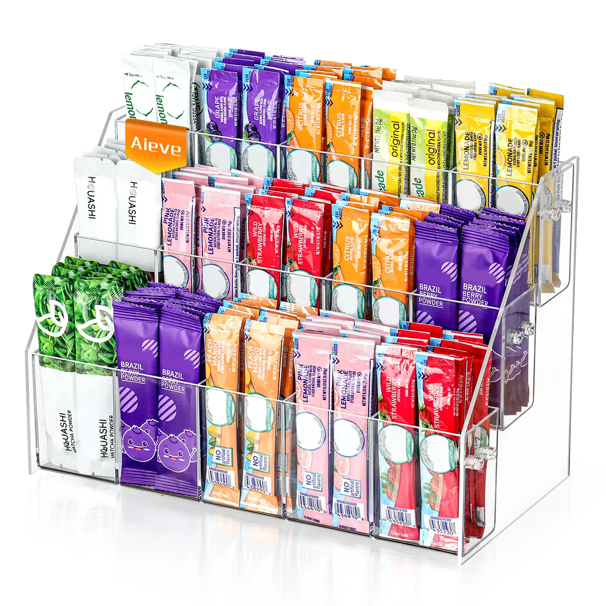 AIEVE Drink Packet Organizer with 15 Compartments, Water Packet Organizer for Water Flavor Drink Mix, Easy Assembly Acrylic Sugar Packets Holder for Cabinet Kitchen Storage Organization.#SummerVibes