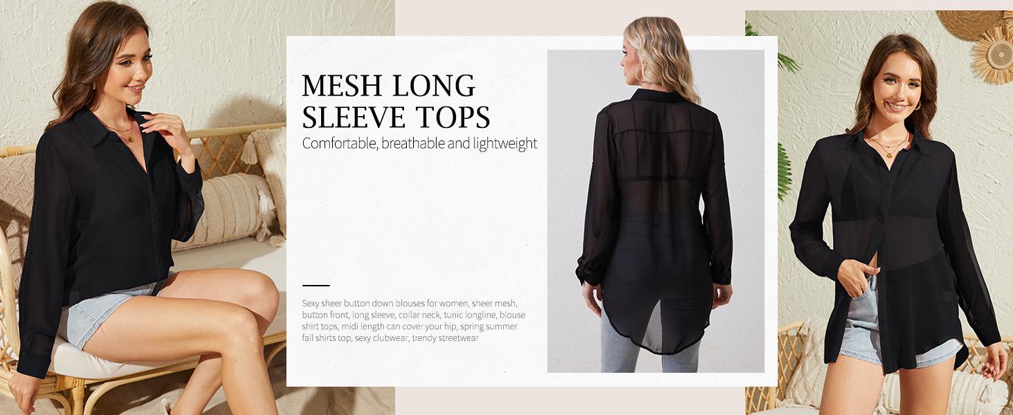 Arssm Sheer Button Up Blouse Mesh Shirt Women Long Sleeve Sexy See Through Top Fashion Black Trendy Mesh Blouse Tops Vintage Casual cute summer outfit