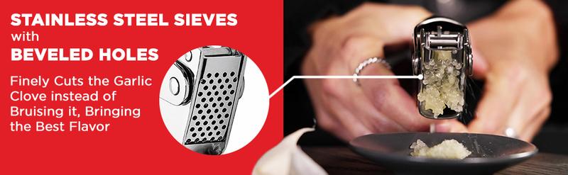 Kuhn Rikon Epicurean Garlic Press Stainless Steel 6.5 x 1 x 1.5 inches Silver Ergonomic Handles Bevelled Holes Dishwasher Safe Kitchen Utensil