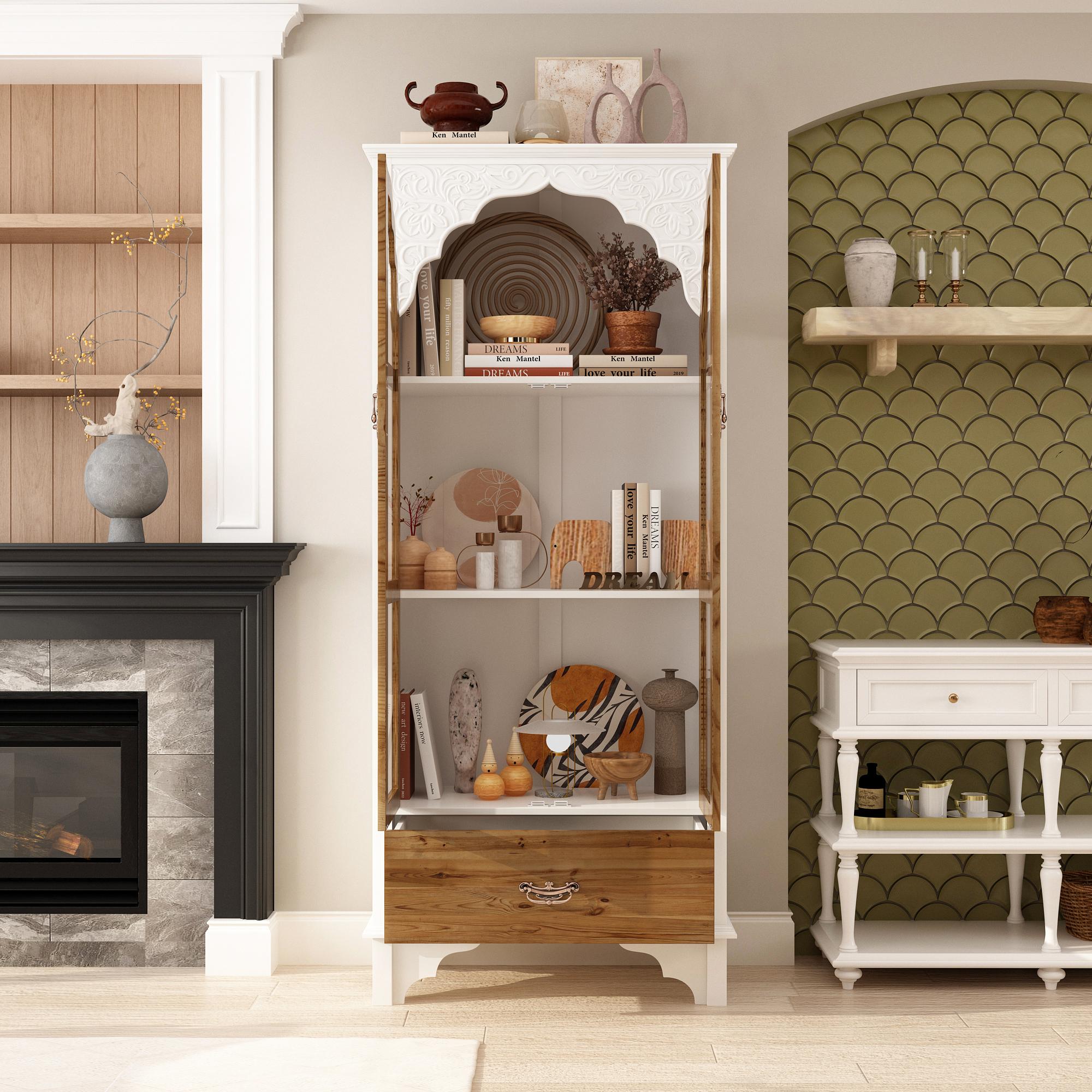 FUFU&GAGA Carved Pooja Mandir Storage Cabinet - 3-Tier Shelves w/2 Glass Doors & Drawer, Multi-Functional Display Cabinet for Living Room/Prayer Room Aesthetic White