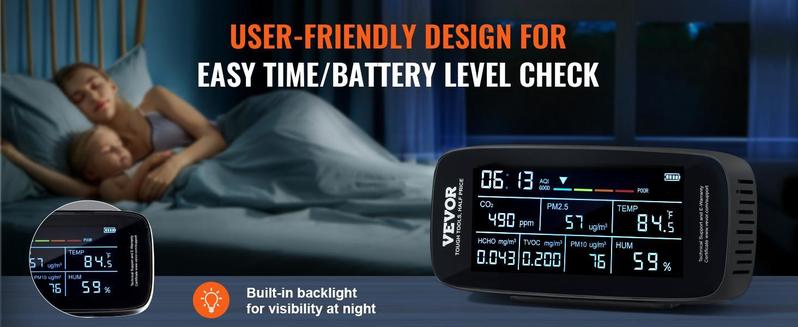 VEVOR Air Quality Monitor 9-IN-1, Professional PM2.5 PM10 PM1.0 Particle Counter, CO2, Temperature, Humidity, Formaldehyde TVOC AQI Tester, for Indoor/Outdoor, Air Quality Meter w/Alarm Thresholds