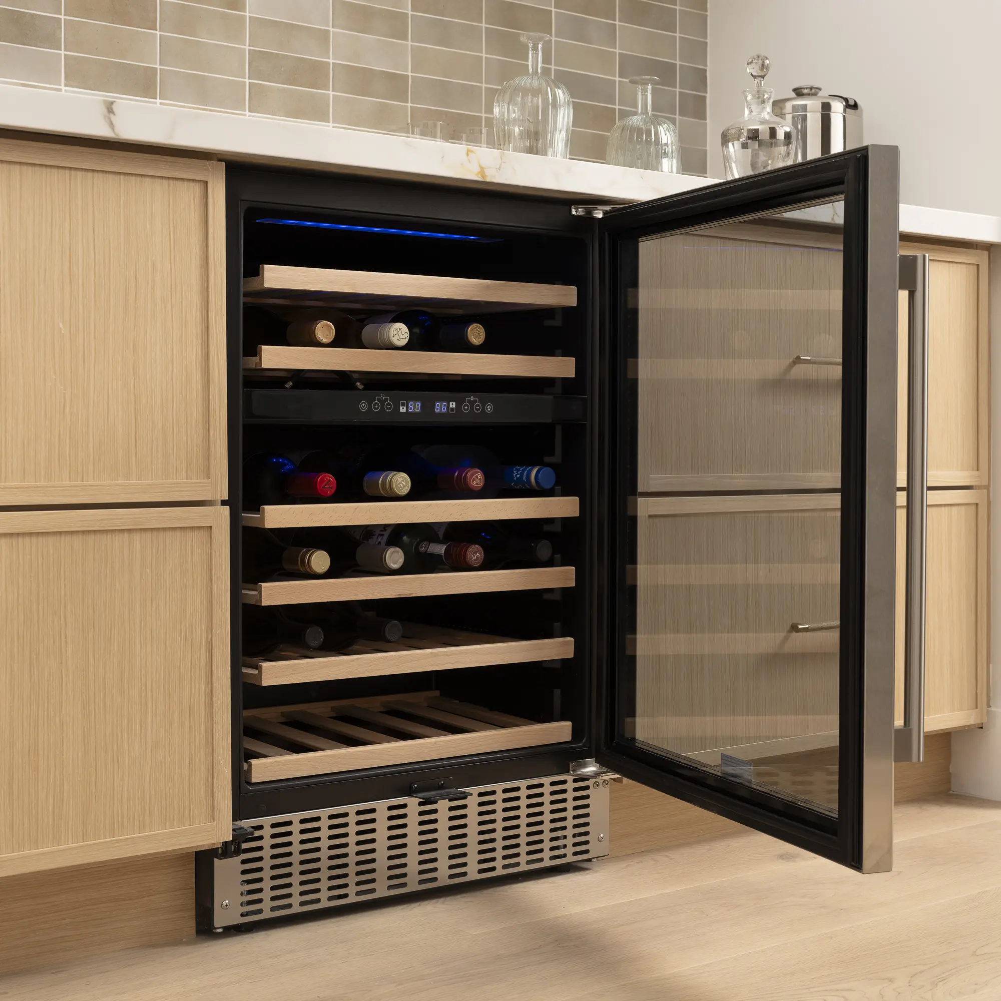 Antarctic Star 24" Wood-Trimmed Beverage Fridge - 46-Bottle Built-In/Freestanding Drink Fridge with Digital Temp Control, Adjustable Shelves, UV-Protected Glass Door (Large Capacity Refrigerator), Uv Protection
