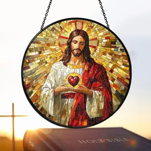Sacred Heart of Jesus Stained Glass Suncatcher, Christian Religious Window Hanging, Catholic Gift & Spiritual Home Decor, Gift For Christian, ver.5