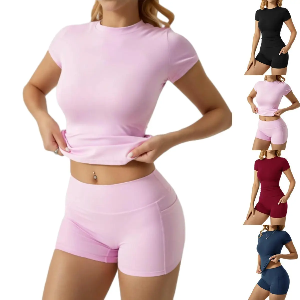 Women's 2 Piece Gym Set, Stretch Nylon Spandex Matching Workout Outfit with Tummy Control Top and Side Pocket Shorts, 2 Piece Sets, Quick Dry, Gym Sets, Solid Plain