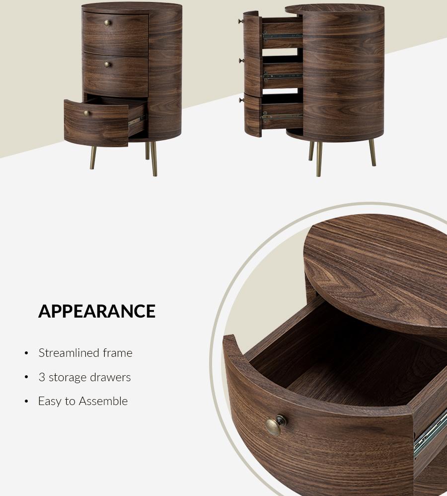 Hulala Etta 26'' Tall Drum 3 Drawer End Table, Solid and Manufactured Wood, with Square Drawers and Storage Cabinet, Metal Legs