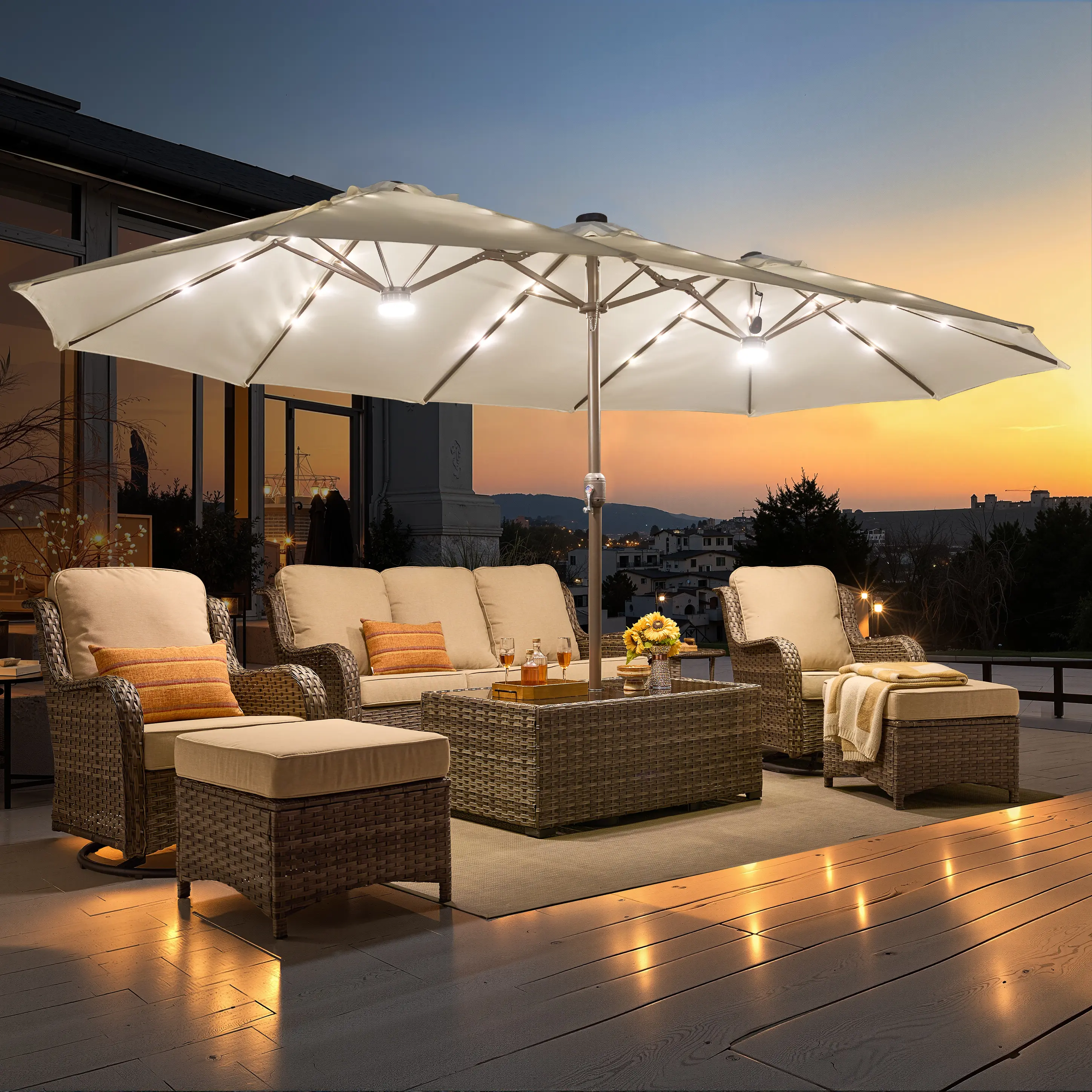 Beige | Warm Lights Umbrella & Base