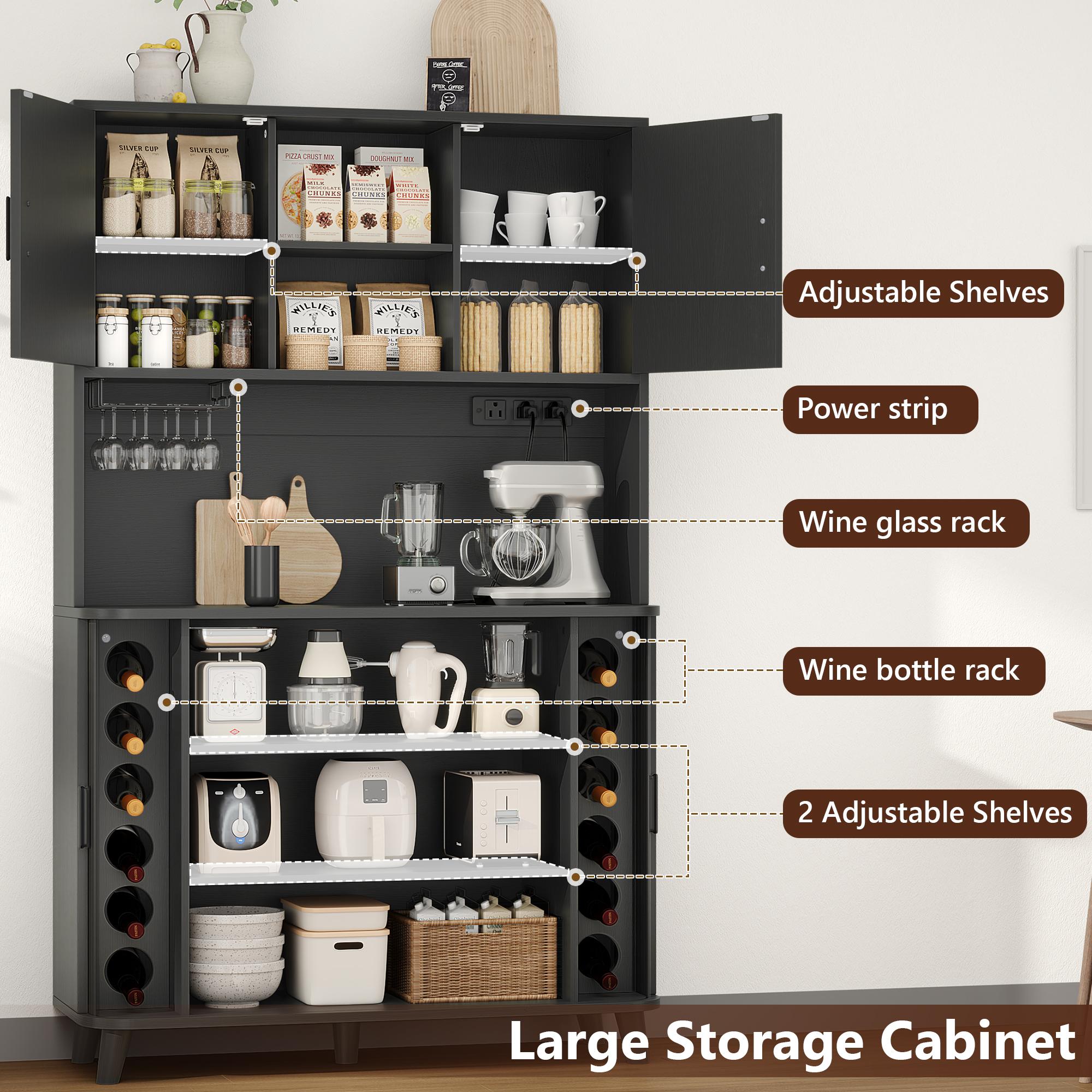 Aowos 71” Pantry Cabinet with Charging Station, Kitchen Storage Cabinet with 2 Sliding Tambour Doors, Hutch Bar Cabinet with Built-in Wine Rack and Adjustable Shelves, Freestanding Buffet Sideboard for Kitchen, Coffee Bar Station, Walnut, Black, Natural Aowos 71” Pantry Cabinet with Charging Station, Kitchen Storage Cabinet with 2 Sliding Tambour Doors, Hutch Bar Cabinet with Built-in Wine Rack and Adjustable Shelves, Freestanding Buffet Sideboard for Kitchen, Coffee Bar Station, Walnut, Black, Natural