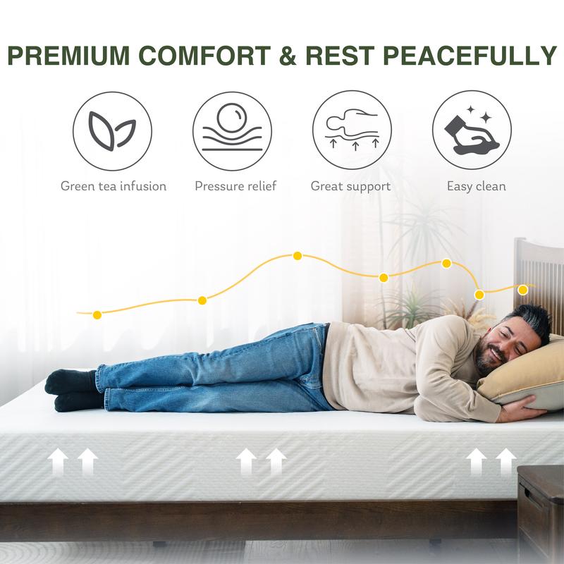 EGO White Green Tea Memory Foam Mattress - Cooling Gel Infused, Graphene Technology, CertiPUR-US Certified, Twin Full Queen King High Density Comfortable Temperature Regulated Breathable Spinal Alignment Universal Frame Compatibility