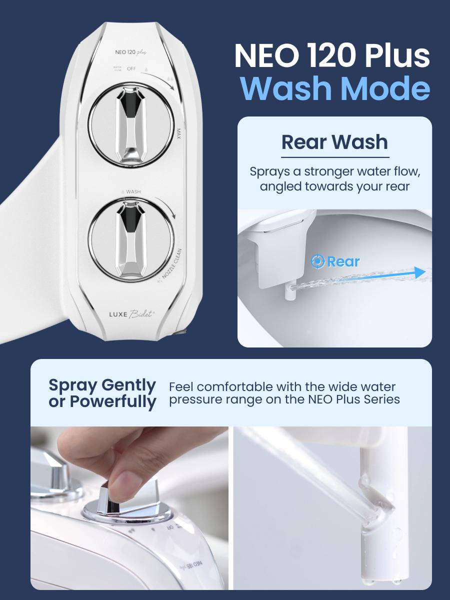 LUXE Bidet NEO 120 Plus - Rear Wash Only, Bidet Attachment for Toilet Seat, Easy Slide-in Install, Patented 360° Self-Clean, and Flip Feature