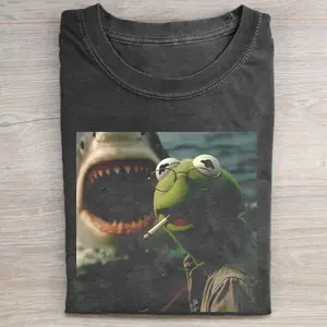 Kermit The Frog Smoking Meme T-Shirt, The Muppets Kermit Funny Dark Humor Shark Attack Parody Graphic Tee Viral Meme Internet Joke Pop Culture Streetwear, Unisex Cotton Crewneck T-Shirt Menswear Womenswear Streetwear Top