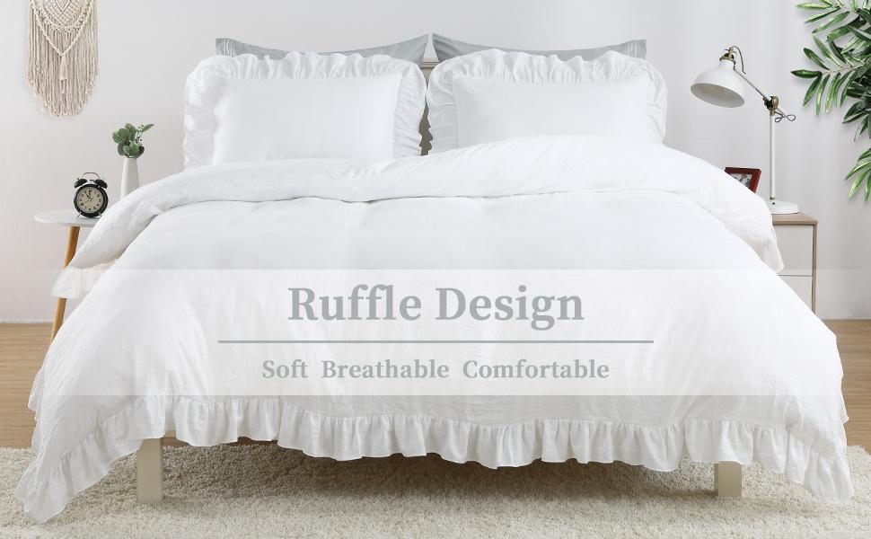 【GARVEE】White Ruffle Duvet Cover Queen Size, 3PCS Soft Washed Microfiber Vintage French Country Duvet Cover Set for Queen Bed, White, 90x90 in
