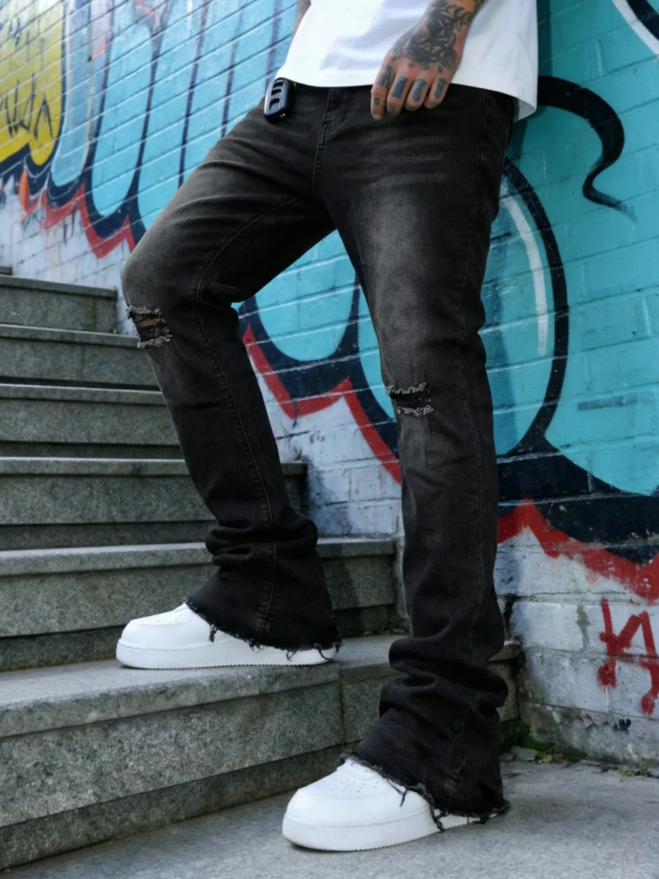 Y2K Style Men's Black Gradient Stone Wash Bell Bottom Flare Denim Jeans Street Style Y2K Style Men's Casual Jeans Pants, Soft and Elastic Fabric, Suitable for Daily/Leisure/Streetwear, Menswear