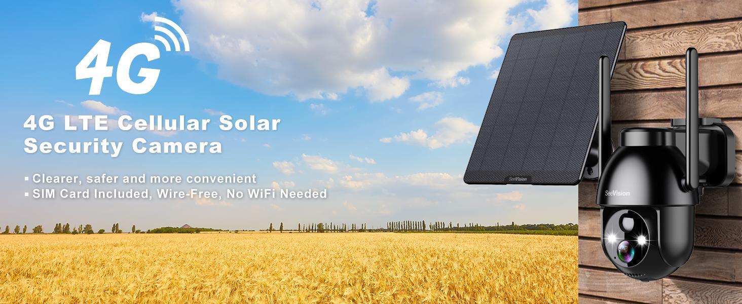 Seevision 4G LTE for No WiFi Solar Security Cameras Wireless Outdoor 3MP 2K Camera , PIR Motion Detection,Siren,Color Night Vision, SD/Cloud Storage (SIM Card Included)