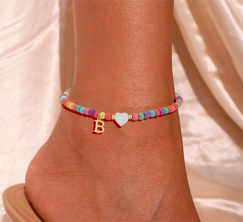 Tewiky Gold Mother of Pearl Heart Initial Anklet with Colorful Seed Beads, Summer Beach Letter Ankle Bracelet