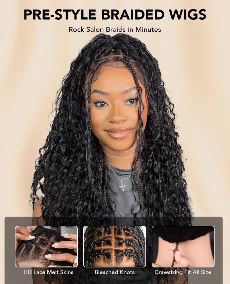 13x6 Boho Curls Braided Wigs Human Hair Pull Go Drawstring Cap HD Full Lace Frontal Wig Knotless Pre Cut Lace