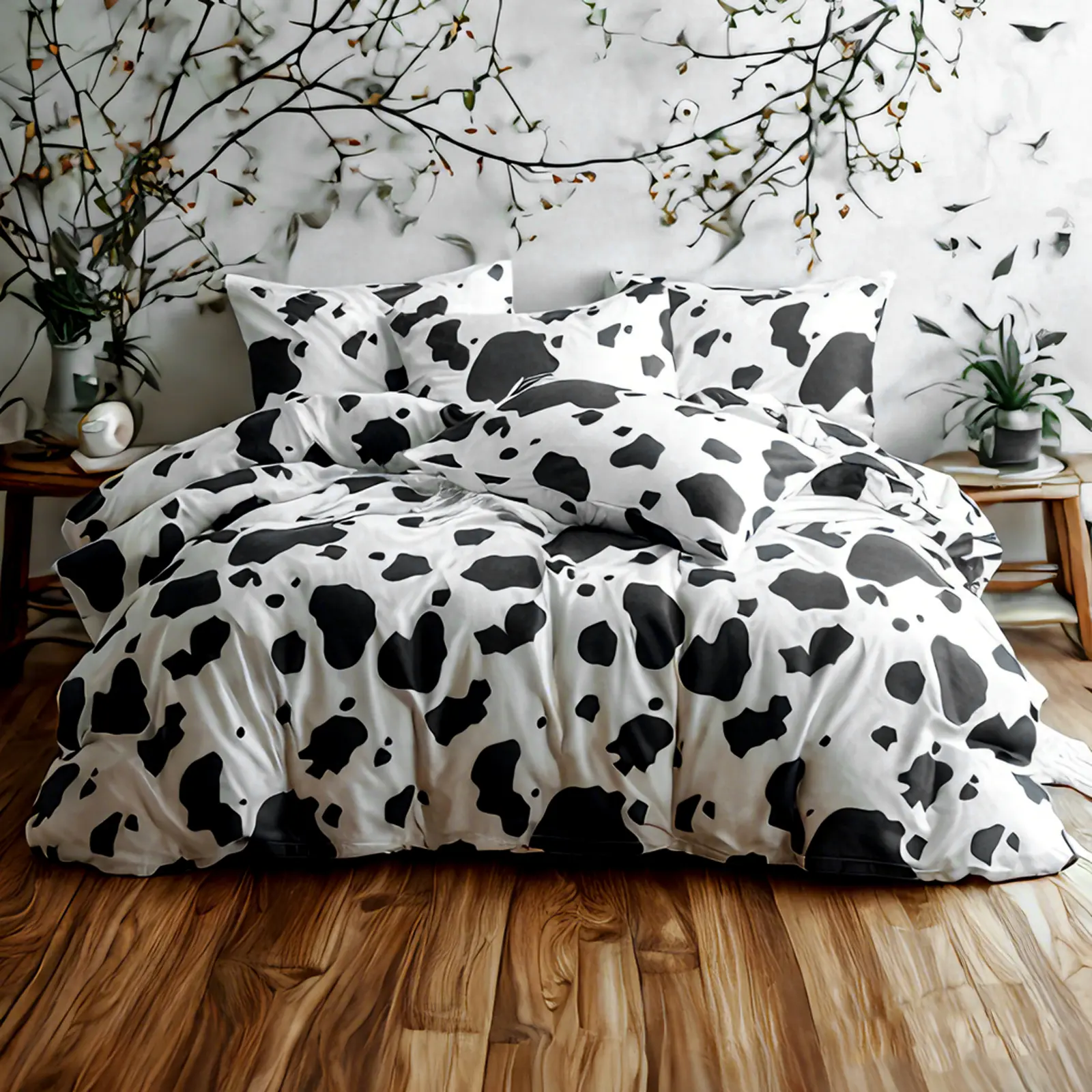 J9 | Microfiber Queen Duvet Cover Set, Ultra Soft Cow Printed Comforter Cover Set with Zipper Closure and Corner Ties, Black and White