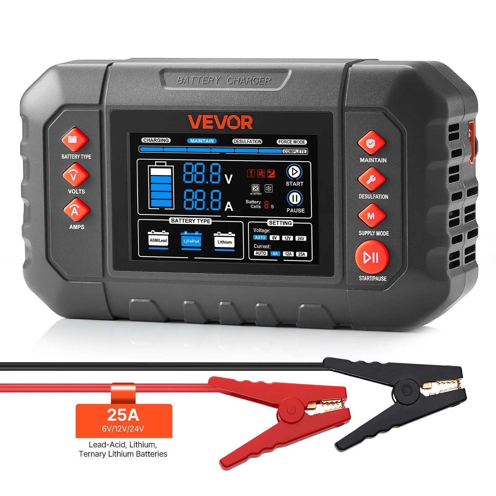 【Summerfinds】VEVOR 25A Output Smart Battery Charger - 6V/12V/24V Adjustable Voltage/Current, 3.4-Inch LCD Display, Trickle Charger Maintainer Desulfator for LiFePO4 Ternary Lithium, Gel/AGM Lead-Acid Batteries, Automotive Vehicle Repair Tools and Gadgets