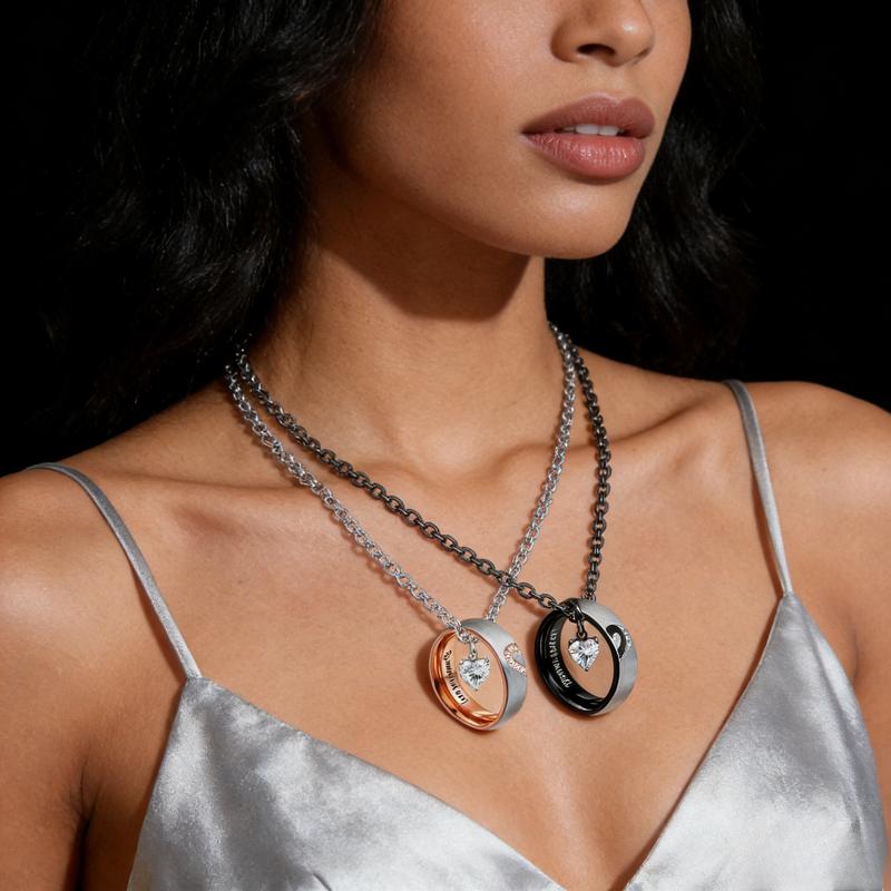 September  Couple Necklace Set with Matching Split-Heart Ring Pendants for Him & Her, Interactive Design, Minimalist Commemorative Jewelry, Valentine’s Day & Birthday Gift for Girlfriend and Boyfriend