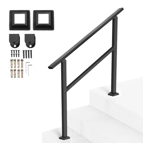 VEVOR Outdoor Carbon Steel Stair Handrails Complete Kit, Adjustable Angle, Fits 2-3 Steps, Black Square Tube Horizontal Bar, Supports 200-220 lbs Load, Full Kit to Install with Nuts, for Seniors, Concrete/Wood/Tile Stairs, Easy Setup#SohoChic