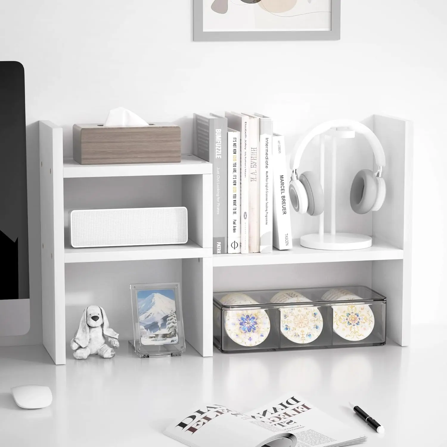 360° Rotating Natural Wood Standing Organiser - Adjustable Desktop Display Rack with Natural Wood Charm, Spin-to-Access Home Storage Holder for Office Use, Ideal Birthday Gift, Headphones