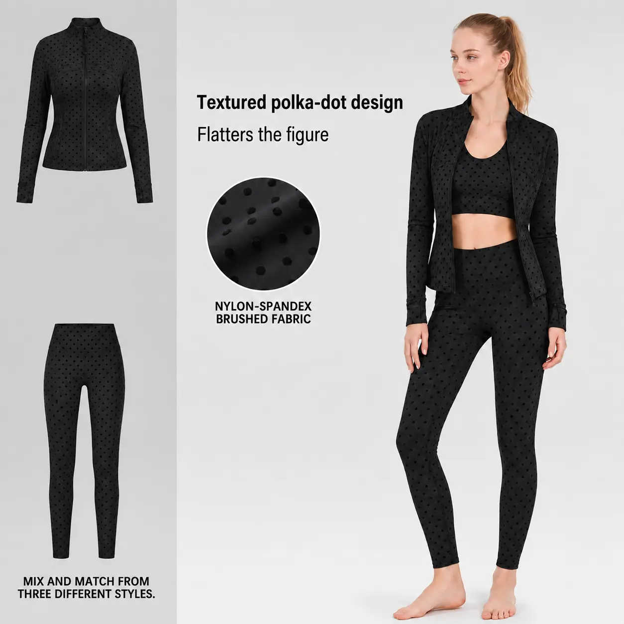 3D Velvet Flocked Polka Dot Activewear Collection | Slim Fit Full-Zip Track Jacket & High Waisted Yoga Leggings | Mix & Match Gym Set