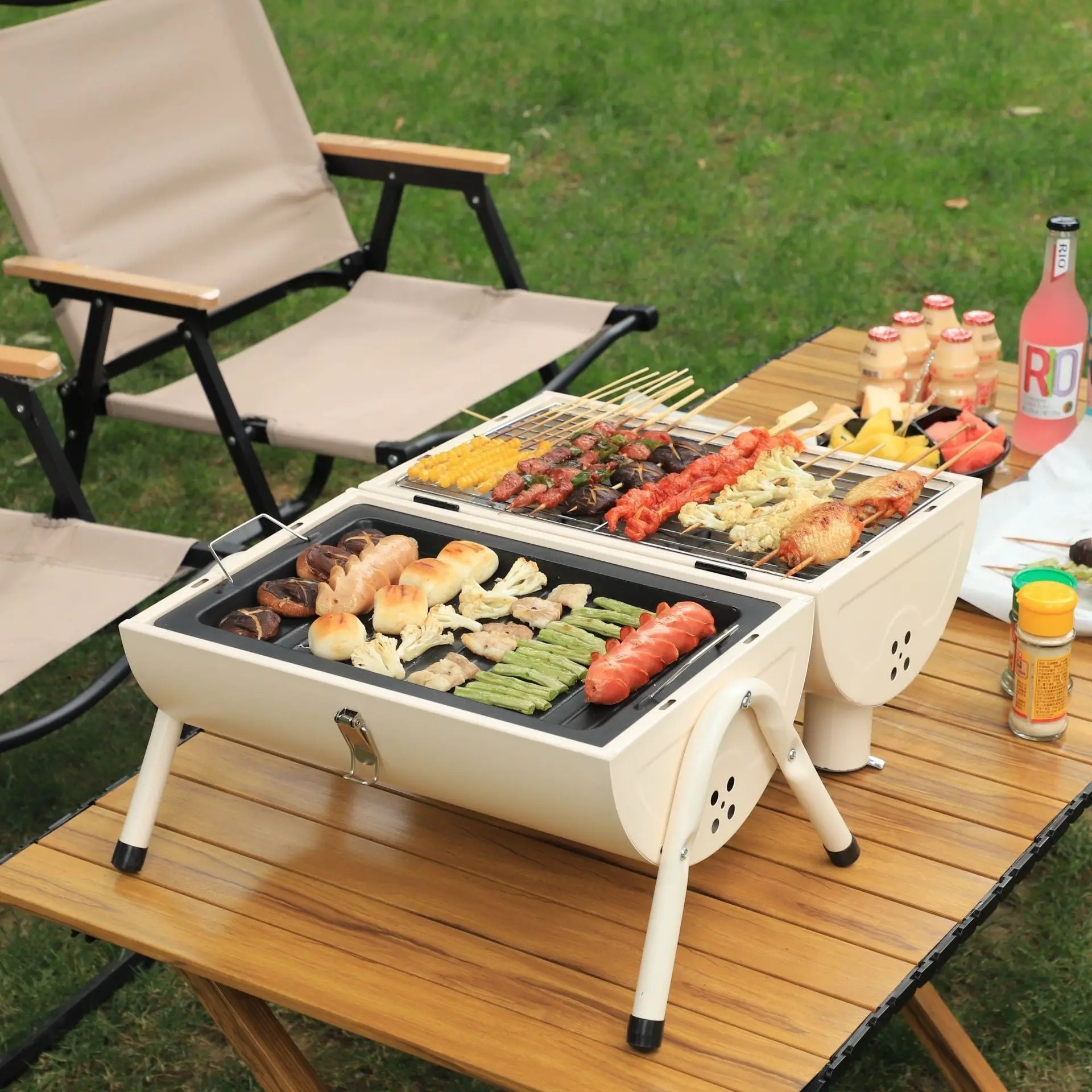 Portable Charcoal Tabletop BBQ Grill with Mesh - Integrated Furnace for 3-5 Person Cook, Grilling Outdoor Cooking, Car-Mounted Outdoor Household Use