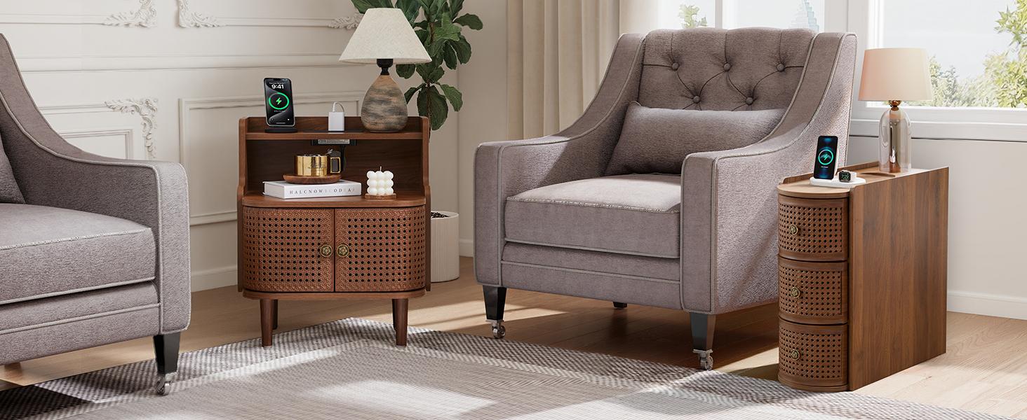 Giratree Metal Rattan Narrow End Table with Charging Station, Black Side Table with Drawers Storage, Small Night Stand with Power Outlets and USB Ports, Sofa Side Table for Living Room Giratree Metal Rattan Narrow End Table with Charging Station, Black Side Table with Drawers Storage, Small Night Stand with Power Outlets and USB Ports, Sofa Side Table for Living Room