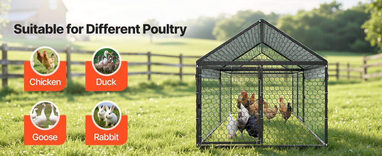 VEVOR Metal Chicken Coop for 4-6 Chickens, 3.3 x 6.6 x 3.3 ft, Small Chicken Cage with Waterproof Cover & Double Doors, Spire Roof Poultry Run Compatible with Wooden Coops, for Rabbit Hen Goose Duck#BackToSchool