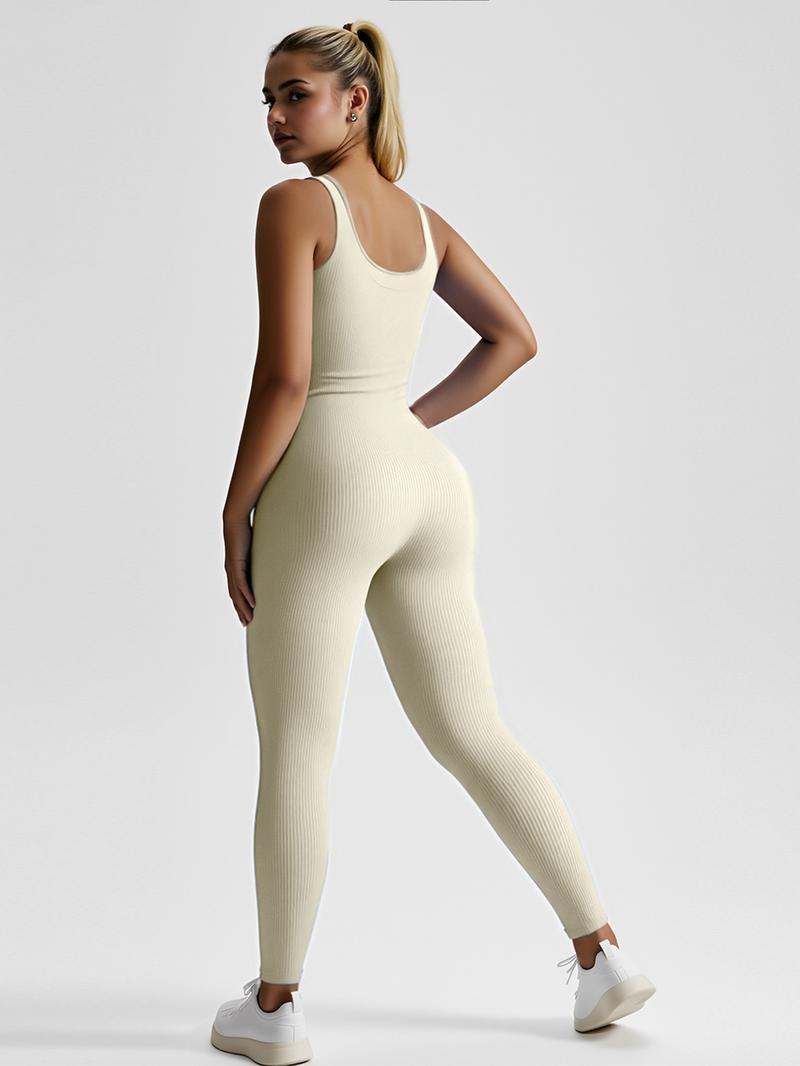 Women's Seamless Ribbed Knit High-Stretch Tummy Control Butt Lifting Yoga Bodysuit Square Neck Sleeveless Plain Solid Color Long Length Minimalist Elegant All Seasons Athletic Style Workout Gym Clothing