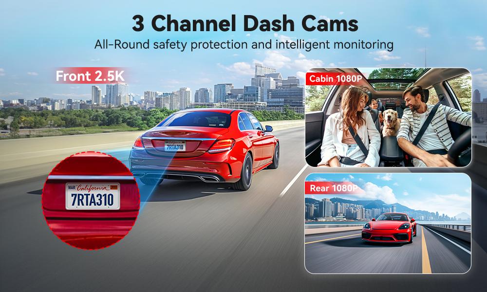 REDTIGER A3 3 Channel WiFi Dash Cam Front and Rear Inside with 32G SD Card( No SD Card Option In A Better Deal ), 2.5K+1080P+1080P Car Dash Camera for CarsFront and Rear, Dashcam with G-Sensor, Loop Recording,24H Parking Mode