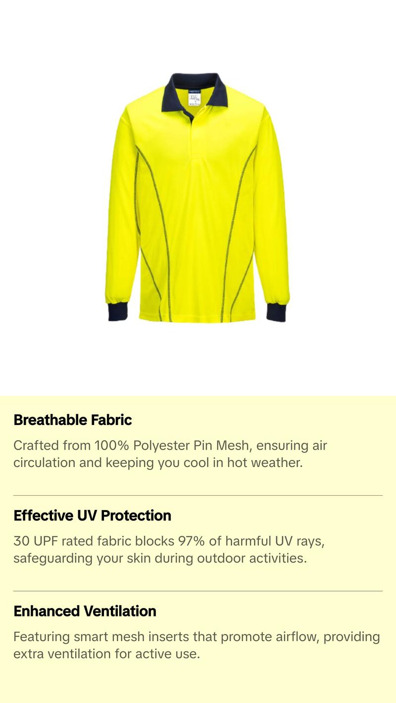 Portwest AirMesh Long Sleeve Polo Shirt Yellow Comfortable Taped Hi Vis MP512 Portwest AirMesh Long Sleeve Polo Shirt Yellow Comfortable Taped Hi Vis MP512