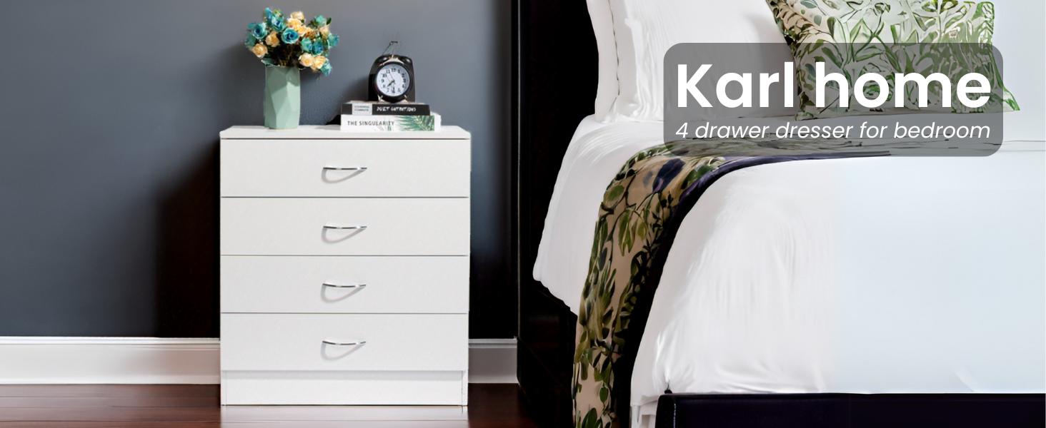 Karl home 4 Drawer Dresser for Bedroom, Small Chests of Drawers Modern Nightstand, White Dresser Chest with 4 Storage Drawers, Dressers for Nursery, Hallway, Living Room, Closet