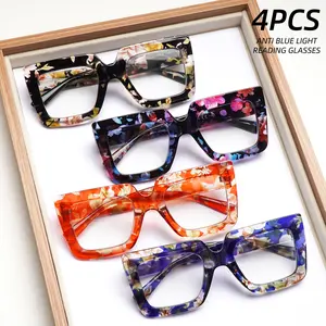 4 Pack Reading Glasses for Women Fashion Blue Light Blocking Anti Glare Square Oversized Spring Hinge Floral Pattern Computer Eyeglasses